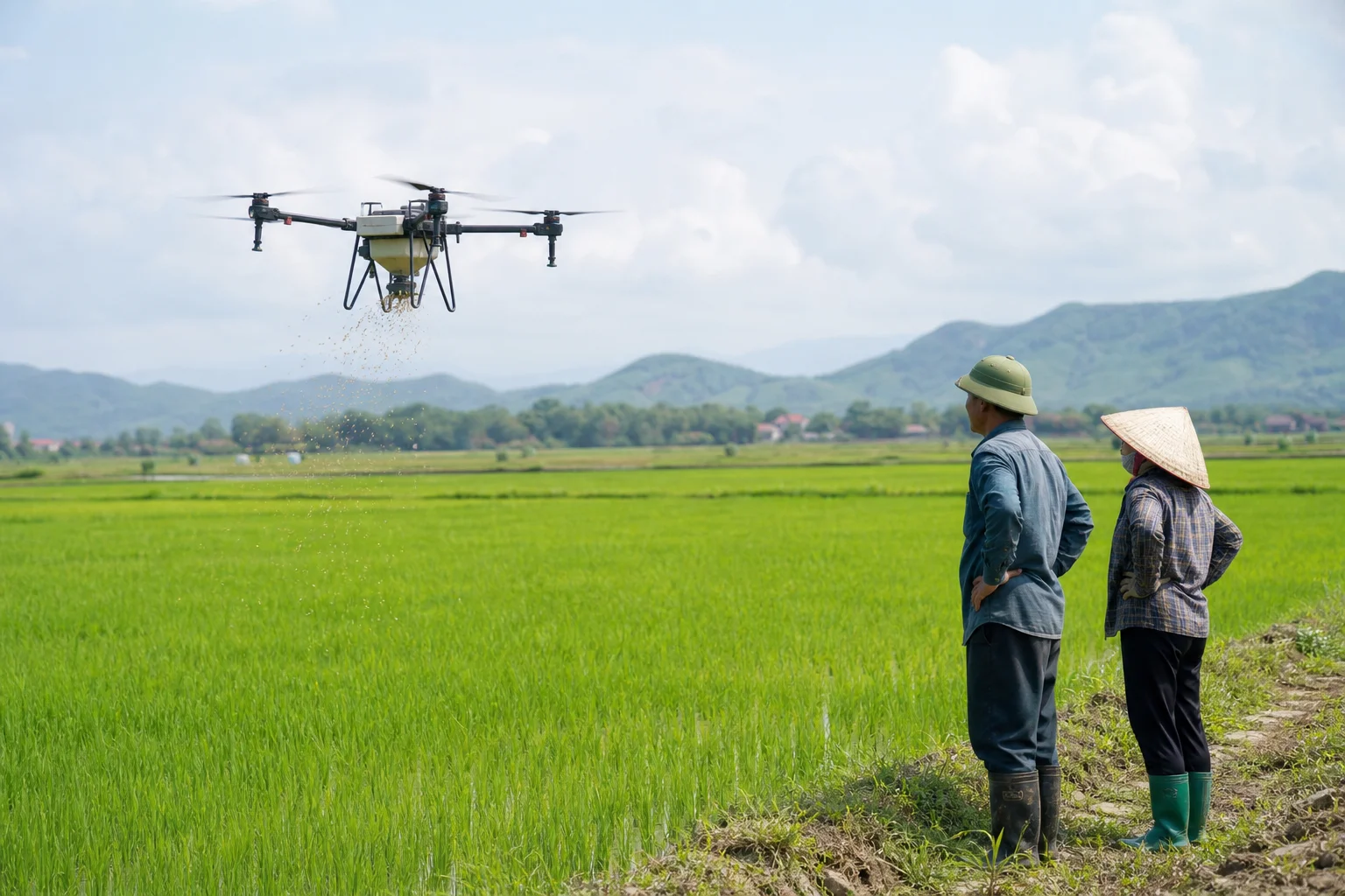Drone gieo sạ lúa trên đồng Quảng Trị: nông dân nhàn hơn, ruộng đều hơn